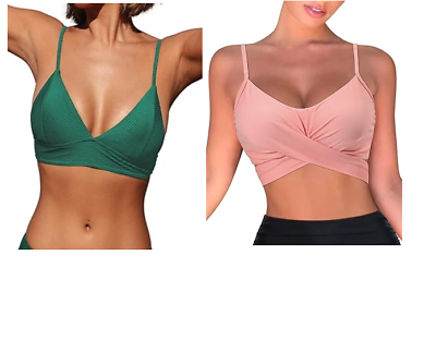 #ad Women#x27;s Bikini Tops ONLY 2 Swim Tops Size Medium Green Peach Beach $15.91