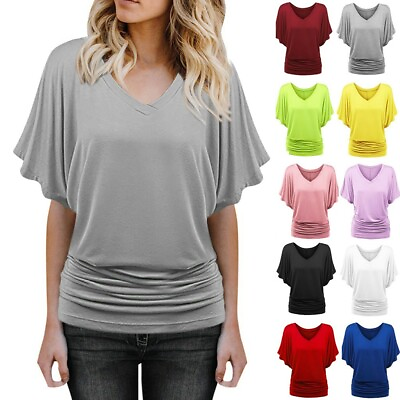 Summer Women V Neck Fashion Batwing Sleeve Plus Size T Shirt Solid Blouse Top US $10.19