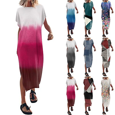 #ad Women#x27;s Summer Casual Long Dress Side Slit Print Short Sleeve Loose Maxi Dress $13.09