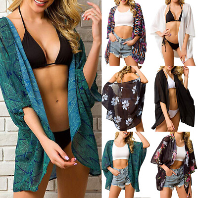 #ad Womens Boho Floral Beach Cardigan Kimono Blouse Chiffon Shawl Bikini Cover Up‹ $10.64