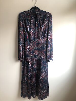 #ad WAYF Larissa Navy Paisley Print Chiffon Long Sleeve Maxi Dress Women Sz XS NWOT $65.00