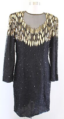 #ad Vtg Stenay Womens Black Gold Mesh Cutout Neckline Cocktail Party Dress Size 10 $59.99