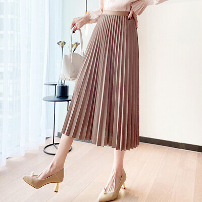 #ad Women Soild Color Pleated Skirt Preppy Style Elastic Waist Midi A line Skirt $13.12