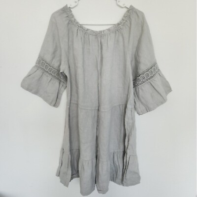 #ad Terzo Millennio Linen Embroidered Boho Dress XL Gray $45.00