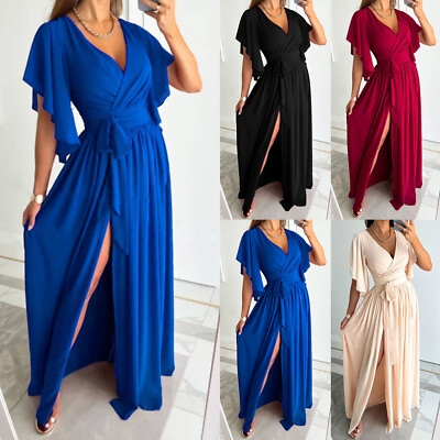 #ad Women#x27;s Sexy V Neck Evening Party Cocktail Maxi Dress Summer Holiday Split Dress $25.19