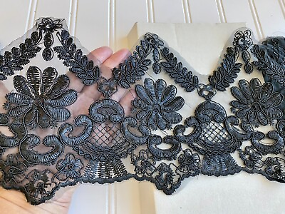 Black Corded Floral Embroidered Lace Border Trim for Sewing Crafts 6.5quot; Wide $8.95