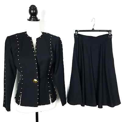#ad Bill Blass Vintage 80s 90s Wool Studded Blazer Jacket amp; Skirt Suit Black Size 2 $150.00