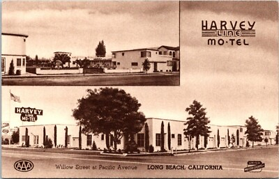 Long Beach CA Harvey Line Motel 2 Views US Flag Portraitone postcard P30 $7.19
