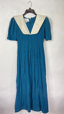 #ad Vintage Sara Elizabeth Womens Maxi Dress Embroidered Collar Plaid Blue Size 6 $35.99