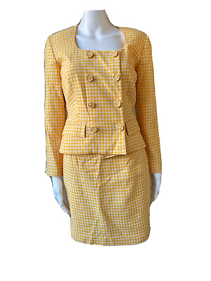 #ad Neiman Marcus Women#x27;s Wool Hounds tooth Yellow White Skirt set size 6 8 PN1618 $89.00
