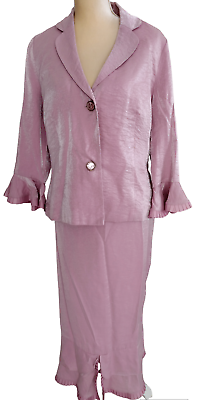 #ad MIDNIGHT VELVET 2PC Pink Metallic Rayon Blend Ruffle Skirt Suit Size 14 $44.99