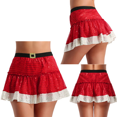Women Girls Santa Red Shiny Sequins Running Tutu Skirt Skirt Performance Costume $10.39