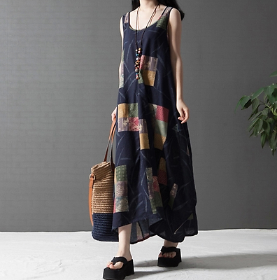 #ad Womens Retro Loose Fit Long Maxi Dress Cotton Linen Breathable Sleeveless Ethnic $20.63