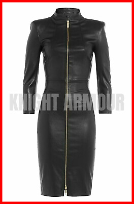 #ad 100% BLACK GENUINE REAL SHEEP LEATHER LADIES WOMAN BODYCON COCKTAIL PARTY DRESS $69.95