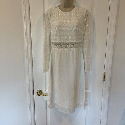 #ad Willy Bazar White Size M Lace Sheer Waist Long Sleeve Party Dress Midi $29.99