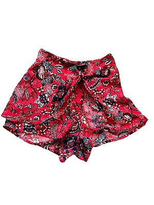 #ad Floral Mini Skirt Skort Shorts Women Size XS Paisley Red Blue Wrap Style Tie Bow $10.00