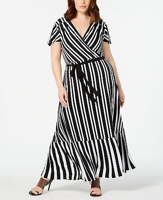 #ad Inc Womens Striped Surplice Long Maxi Dress Black White $42.00