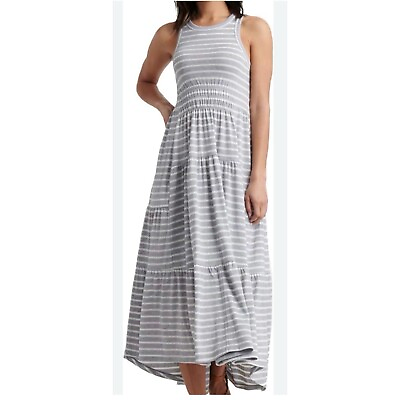 #ad Lucky Brand Stripe Ruched Maxi Dress Plus Size 1X Gray White Casual Sundress $29.99