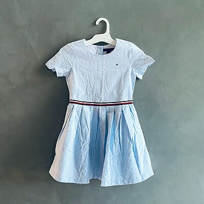 NWT Tommy Hilfiger Girls#x27; White Blue Striped Seersucker Summer Dress All Sizes $28.98
