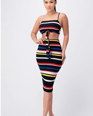 #ad Sleeveless Multicolored Midi Skirt And Crop Top Set S L $22.50