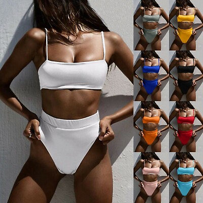 #ad Women Bikini High Waisted Beachwear Solid Two Piece Swimsuit Sling Swimwear $12.08