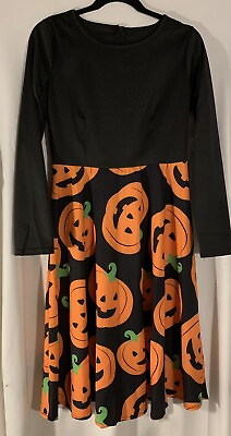 Halloween Party Women#x27;s Long Sleeve A line Dress Size L Black Jack o Lantern $12.95