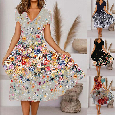 #ad #ad Womens Floral Print V Neck Swing Dress Summer Short Sleeve Beach Sundress‹ $17.39