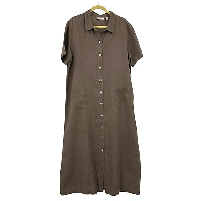 Nordstrom 100% Linen Long Brown Button Up Dress Women#x27;s 14 Lagenlook Maxi $44.00