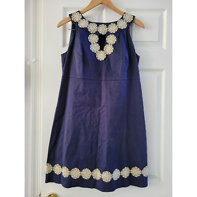 #ad Lilly Pulitzer Navy blue dress size 10 shift gold flower trim Preppy nautical $49.00