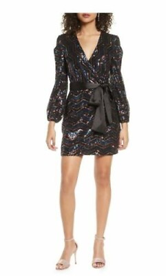 #ad Harlyn Women#x27;s Split Long Sleeve Sequin Cocktail Dress Black Multi Small $188 $56.40