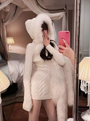 #ad Winter Elegant miniskirt Women Hooded Solid Party Dress Long Sleeve Knit Dress $75.22