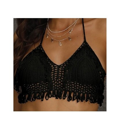 #ad NEW 2 PIECE SEXY BLACK HAND CROCHET WOMAN SWIMSUIT ONE SIZE $14.99
