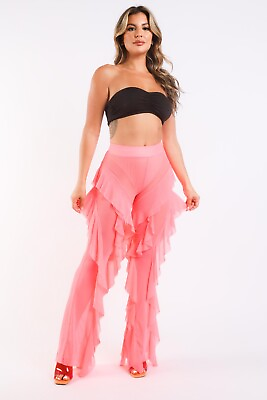 Women#x27;s Elastic Waist Casual Ruffled Mesh Pants Cover Up Pants Party Pool Daily $22.99