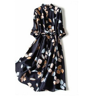 #ad Chiffon Print Women Maxi Dress Belted 3 4 Sleeve Bohemian Swing Shirt Dress $20.19