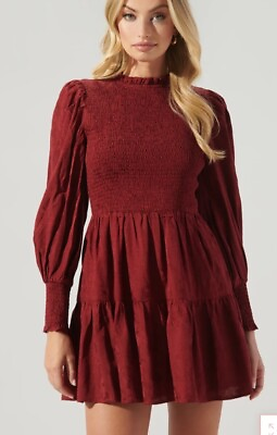#ad Sugarlips L Burgundy Smocked Tiered Party Dress Long Sleeve Mock Neck $99 $58.00
