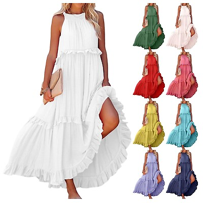 #ad #ad Women#x27;s Summer Sleeveless Dress Halter Tie Loose Flowy Ruffle Tiered Maxi Dress $18.79