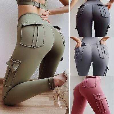 Womens Cargo Yoga Leggings with 4 Pockets High Waist Tummy Control Workout Pants $17.51