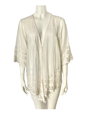 #ad V Christina Sheer White Pleated Crochet Top Blouse Tunic Beach Cover Up Small $20.00