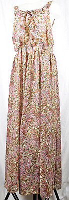 #ad Denim 24 7 Pink amp; Brown Boho Feather Print Ruffled Front Poly Maxi Dress 14W $25.49