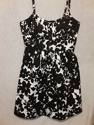 #ad B. Smart Party Dress Size 10 Black White Floral Print Fit amp; Flare Cotton Spandex $13.00