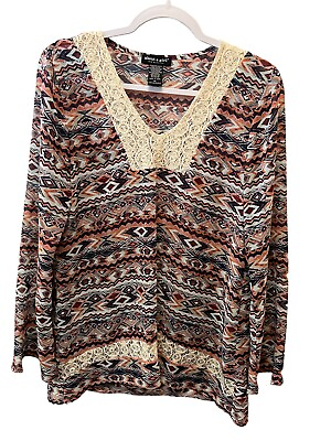 #ad About A Girl Tunic Top Boho Multi Color Sheer Blouse Long Sleeve size M $14.98