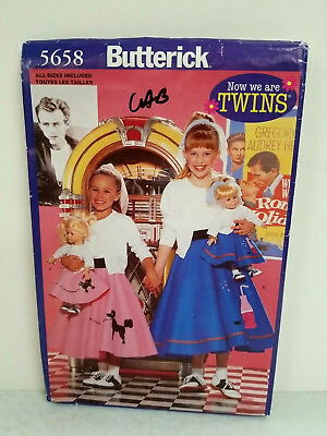 #ad Sewing pattern Butterick 5658 Twins 18quot; doll amp; Child GIrls Poodle skirt costume $12.55