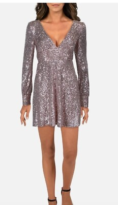 #ad Honey And Rosie XS Silver Sequined V Neck Party Cocktail Dress Long Sleeve $90 $67.00