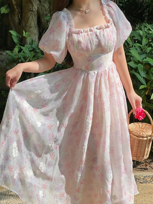 Floral Elegant Evening Midi Dress Women Puff Sleeve Casual France Vintage Dress $49.50