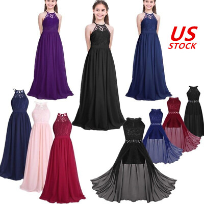 #ad Girls Floral Lace Shiny Maxi Dresses Sleeveless Dancewear Wedding Party Costume $26.59