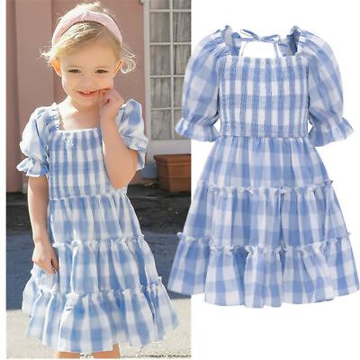 Summer Girls Plaid Casual Dress Kids Short Sleeves Cotton Blend Smock Clothes $43.37