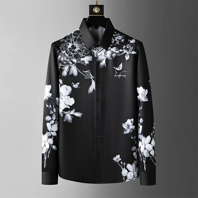 #ad Elegant Men Luxury Flower Rhinestones Party Long Sleeve Slim Fit Dress Shirt $42.90