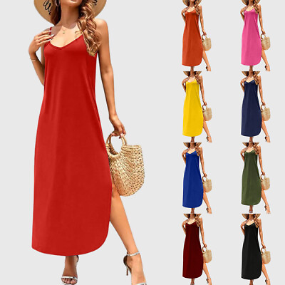 #ad Women#x27;s Sleeveless Casual Loose Midi Dress V Neck Holiday Beach Summer Dresses $21.99