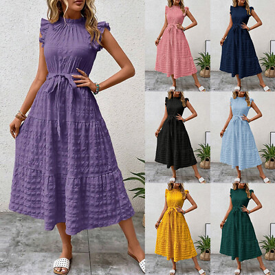 #ad Womens Boho Holiday Ruffle Dress Ladies Summer Sleeveless Lace Up Midi Sundress $36.49