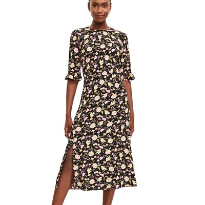 #ad LOFT Half Sleeve Black Floral Midi Dress Career Cottage Boho Party Size 10 $22.00